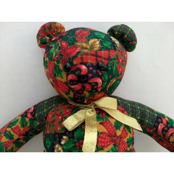 Crafty Lady Bear Sitting Stuffed Animal Plush Vintage X-mas Floral Pattern- Rare - Picture 2 of 8